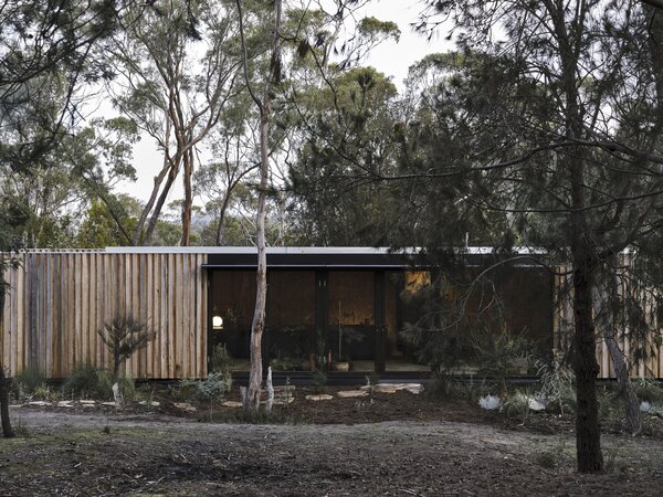 The moveable prefab currently sits nestled on a remote lot, surrounded by towering trees.