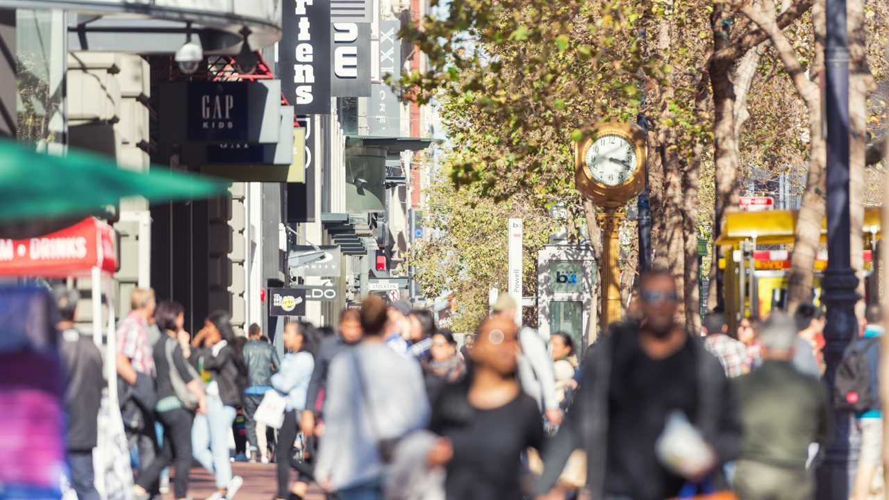 crowds on the famous Market Street in San Francisco