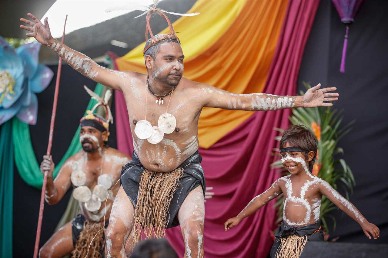 An aboriginal dancer performs as part of a group, wearing a headdress and necklace with shells, in Cairns, Australia.