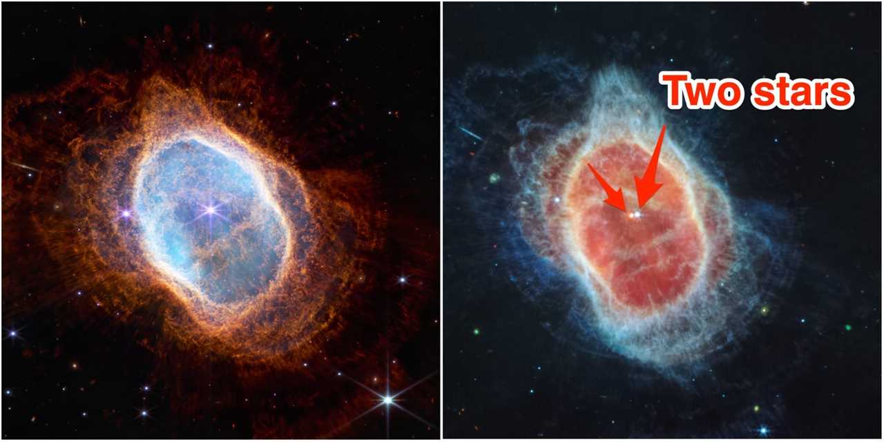 A collage of pictures taken by the James Webb Space telescope shows the NIRCam and MIRI cam pictures side by side. Annotations point to the two stars on the Nebula.