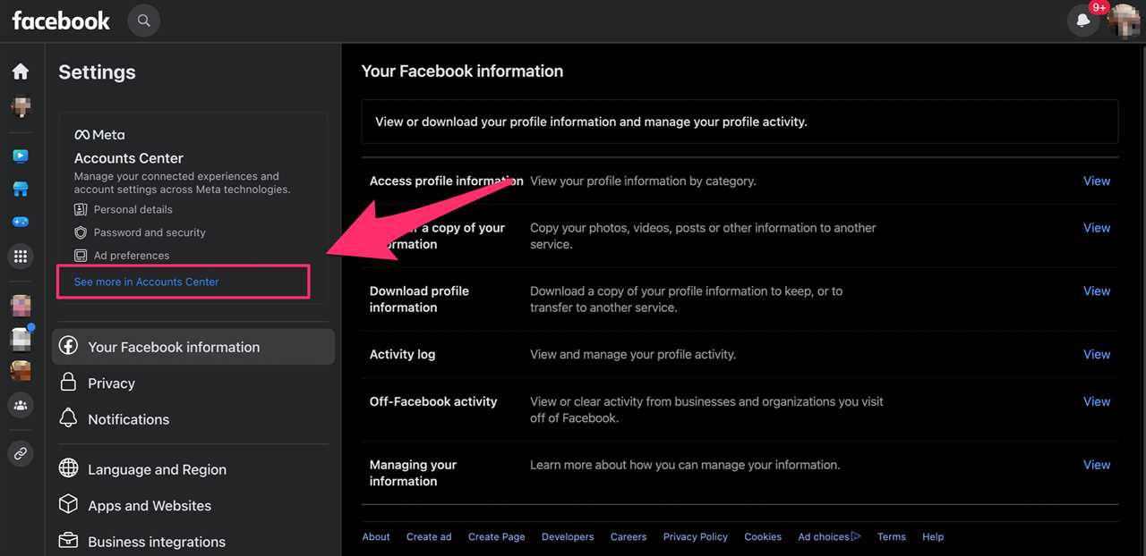 A screenshot of Facebook shows where to find the Account Center area
