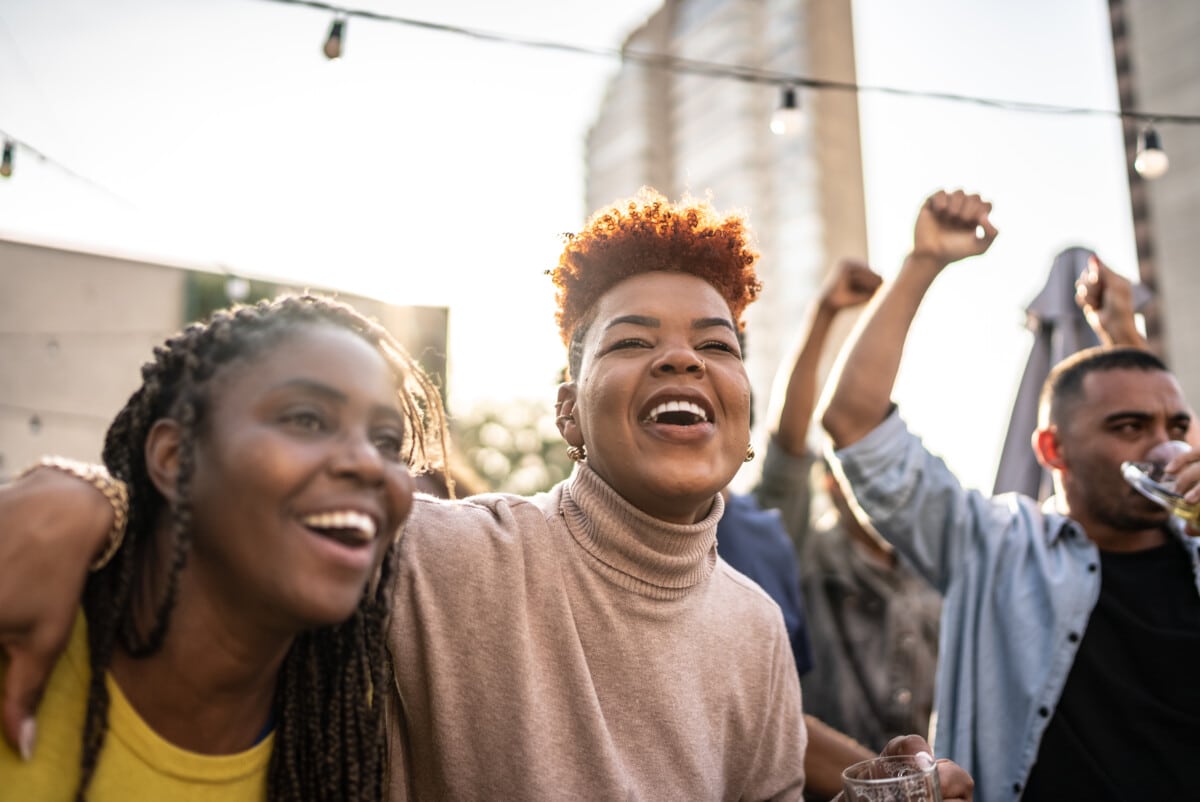 group of friends celebrating cheerfully