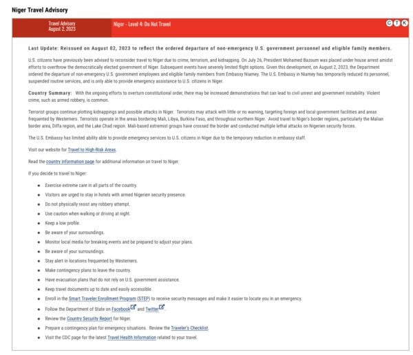 Americans in Niger Warned to Shelter in Place, Airspace And Border Closed