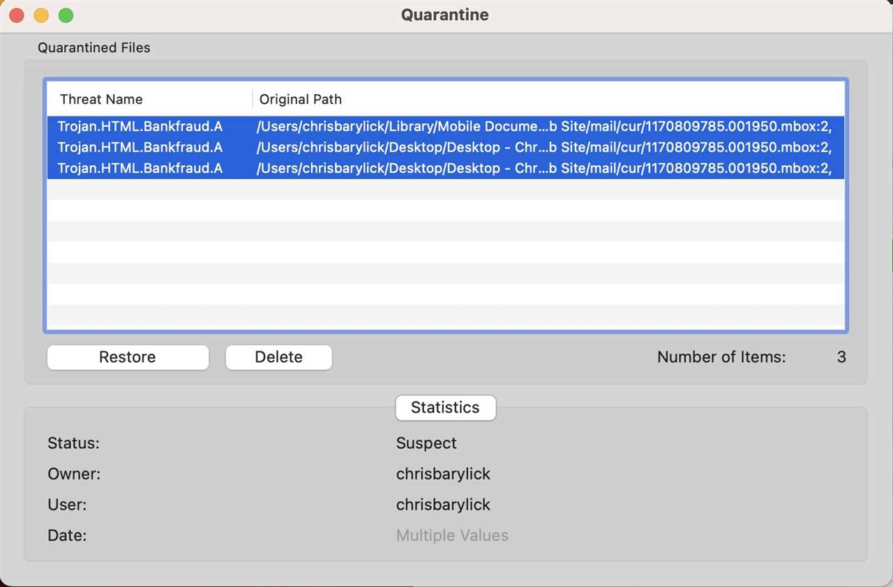 A list of quarantined file