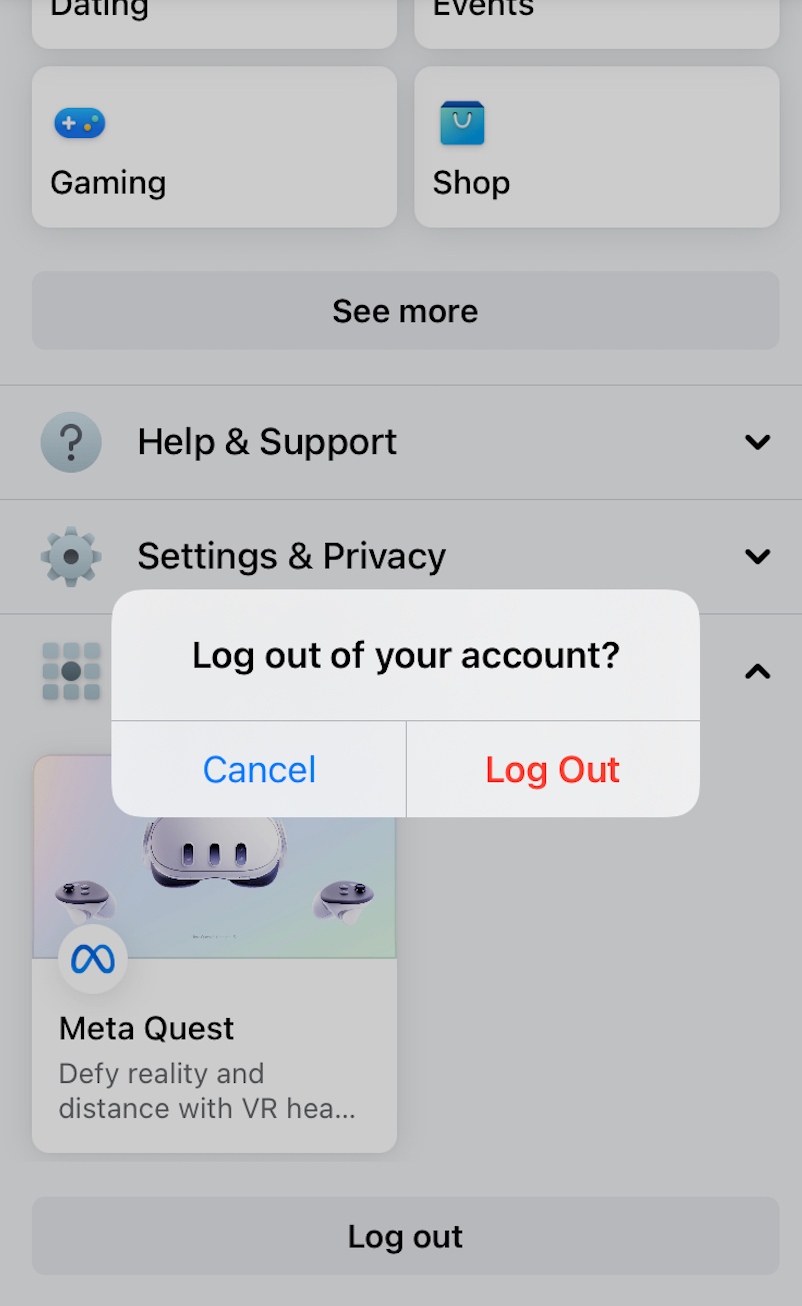 Log out screen is shown on Facebook desktop