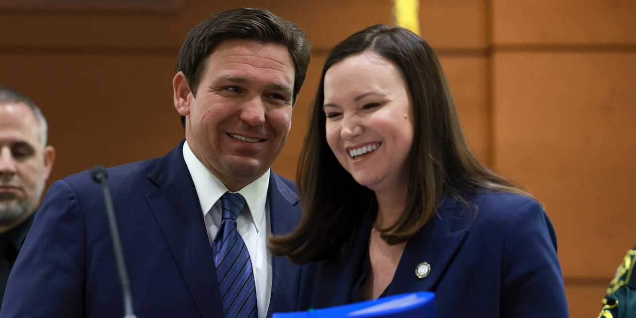 Republican Gov. Ron DeSantis (L) and Florida Attorney General Ashley Moody (R). Moody filed a motion June 27 to block a ballot measure on recreational pot.