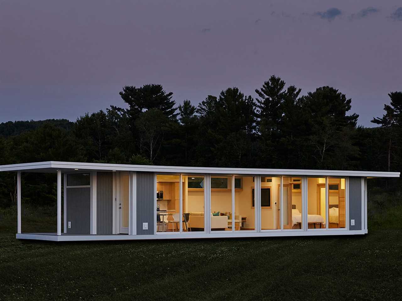 The exterior of the N1 tiny home at Escape Tampa Bay's The Oaks at night