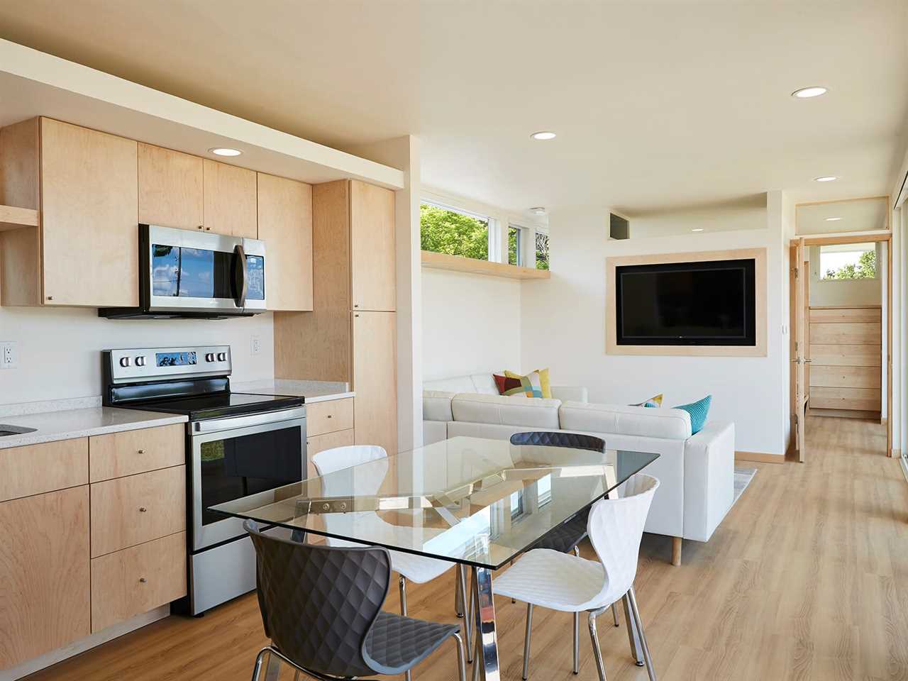 The living room inside the N1 tiny home at Escape Tampa Bay's The Oaks