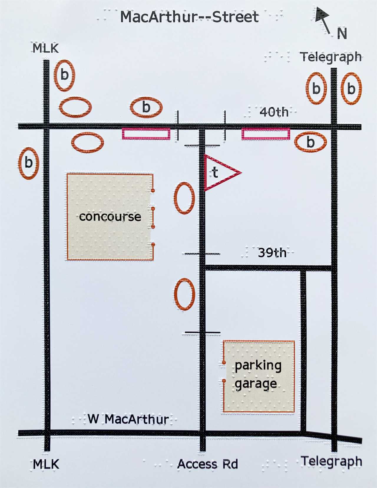 a map entitled "MacArthur--Street" showing the concourse and a parking garage between MLK and Telegraph.