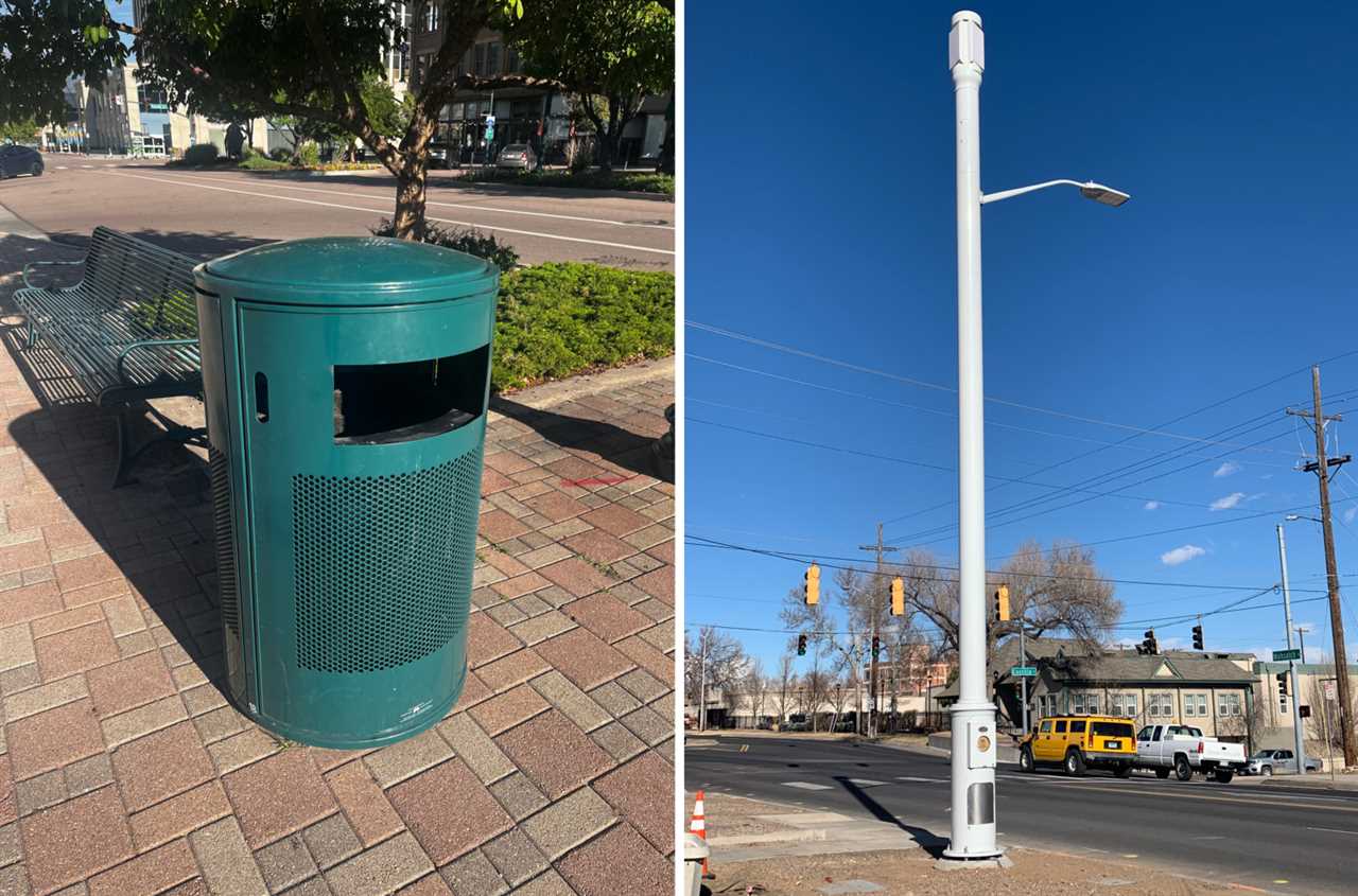 a trash can and a light pole in colorado springs