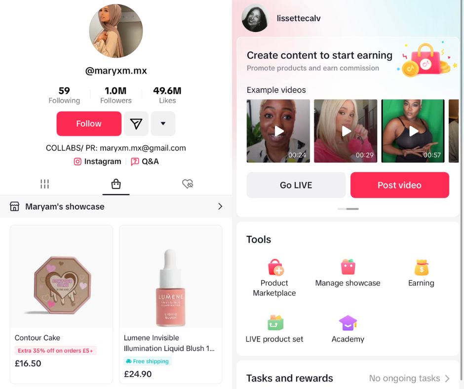 TikTok screenshots of what the product showcase on Shop looks like and what the backend with offers looks like for another creator.