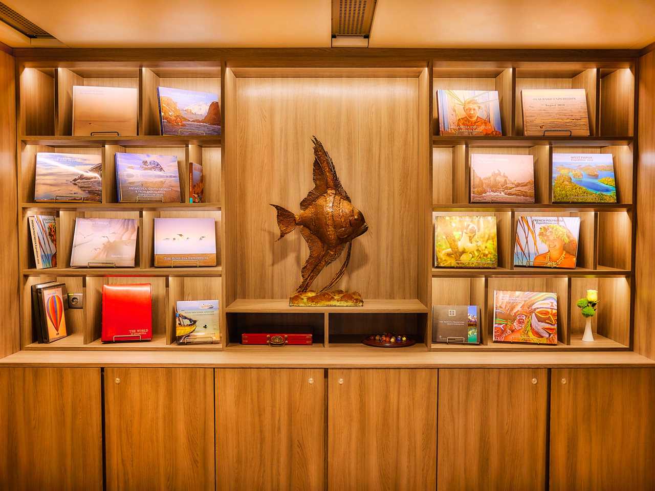 A wooden bookshelf with a large statue of a fish inside The World