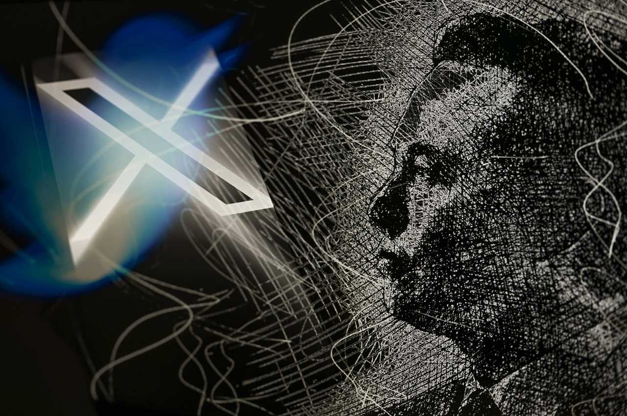 An illustration of the X logo next to a black-and-white sketch of Elon Musk 