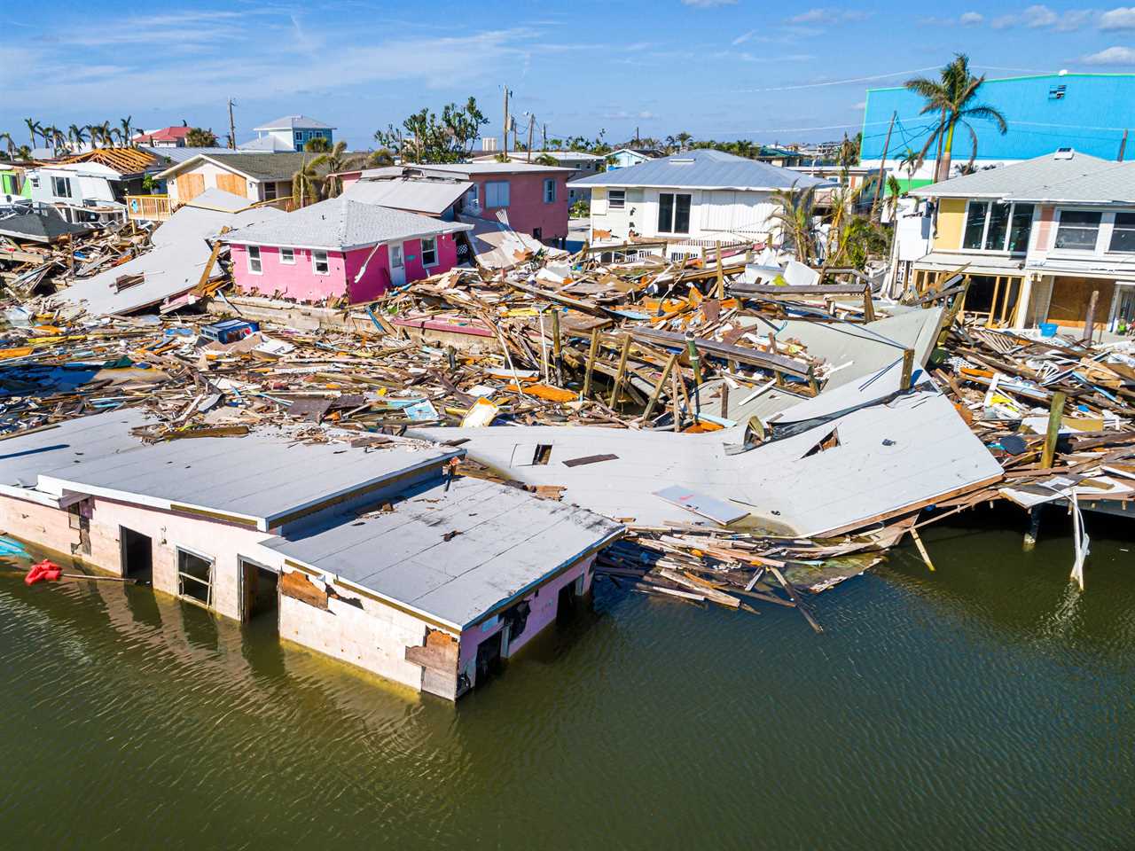 Fort Myers Beach, Florida, Estero Island, aerial view of damaged property after Hurricane Ian.