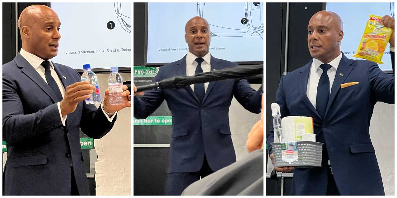 A triptych of Wheely instructor holding 330ml Evian and Fiji water bottles; holding a black umbrella; and holding a packet of cleaning wipes and box