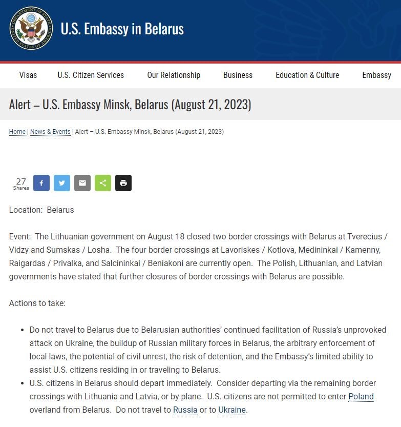 Breaking: US Warns American Citizens in Belarus to Leave the Country Immediately