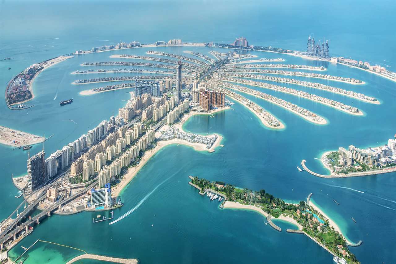 Aerial view of Palm Jumeirah, a manmade island in Dubai