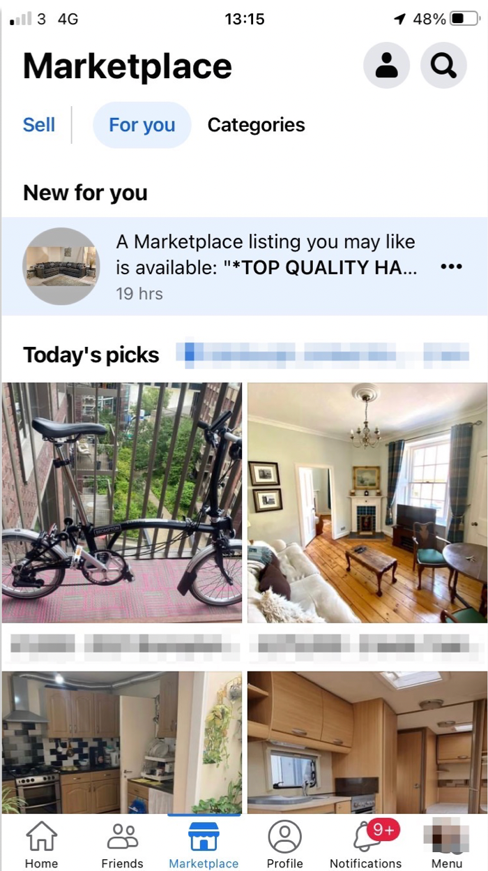 Mobile screenshot shows Facebook Marketplace with photos of a bike and other items alongside their prices