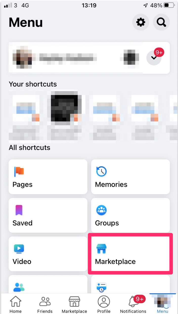 Mobile screenshot shows the Facebook app menu with options such as Marketplace, Pages, Memories, and Groups.