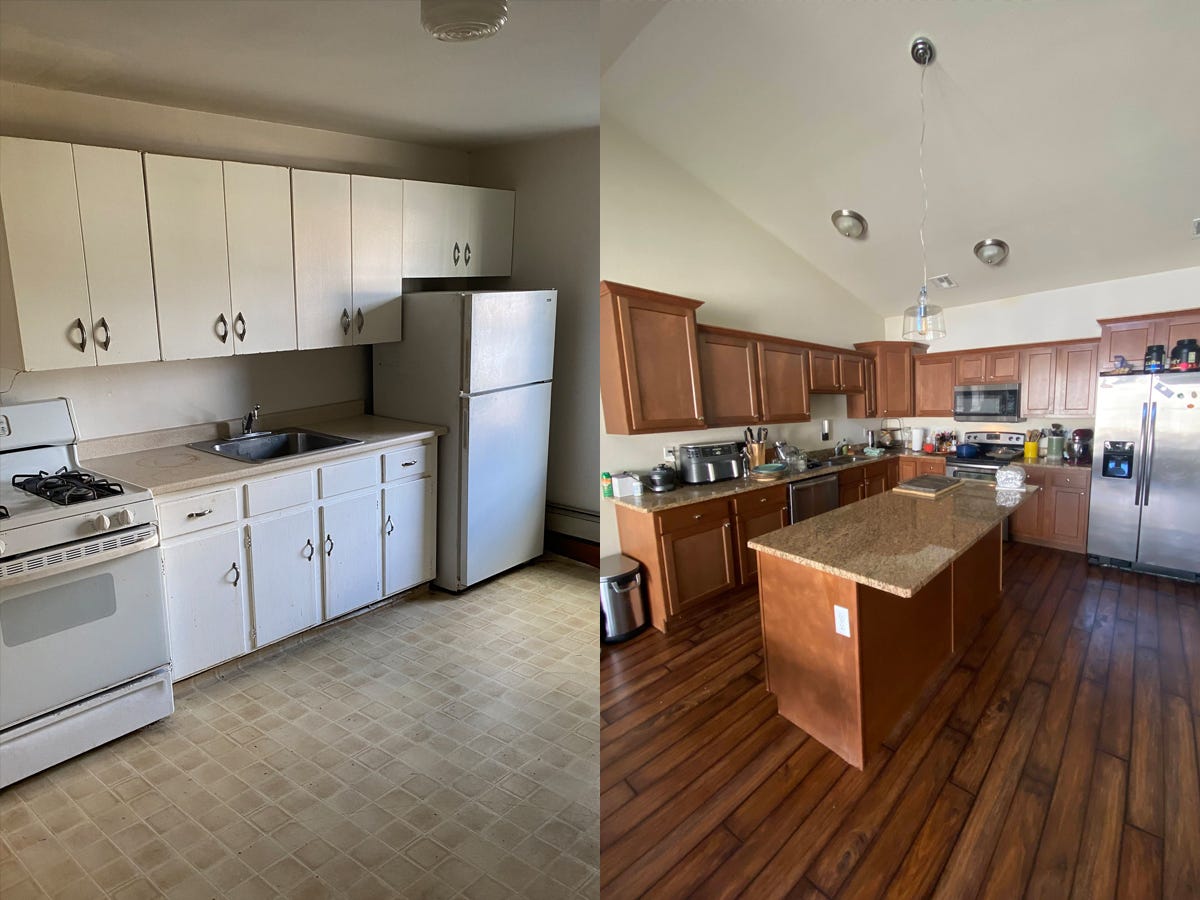 Lauren savoie's kitchen in boston left, and kitchen in Manhattan, Kansas, right