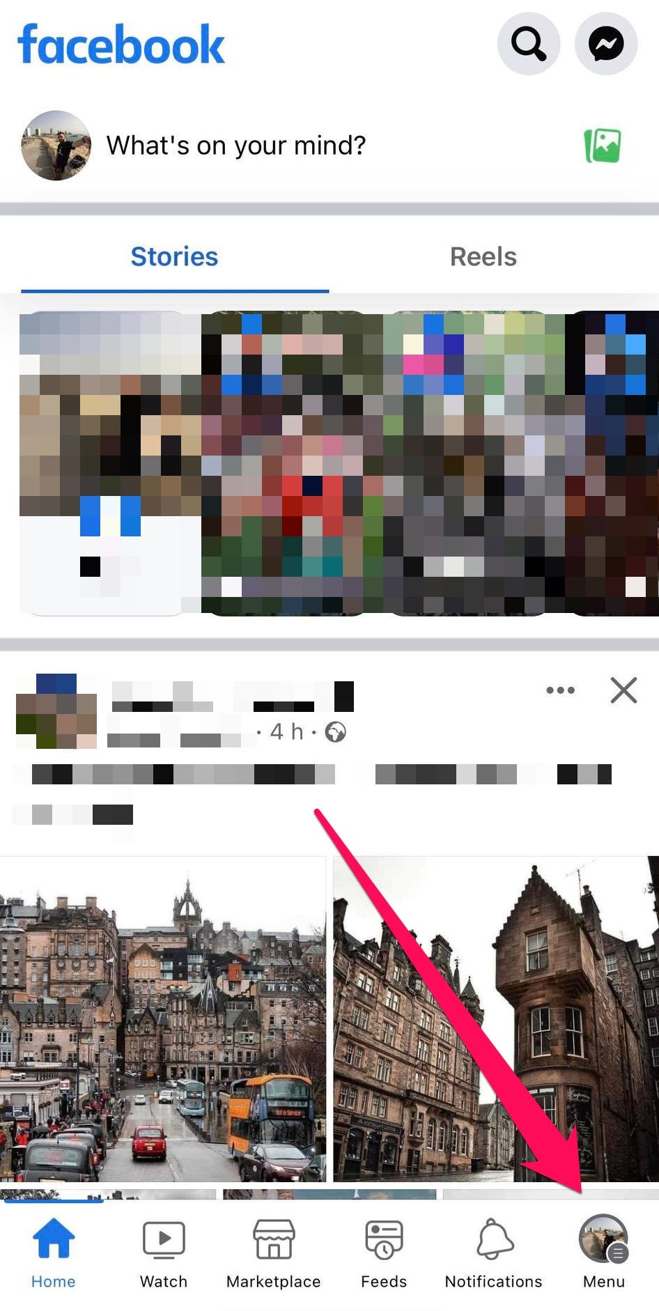 The Facebook mobile app, with the hamburger menu in the bottom right corner highlighted.