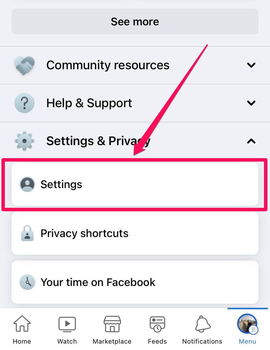 The Facebook mobile app, with the “Settings” option in the “Settings & Privacy” section highlighted.