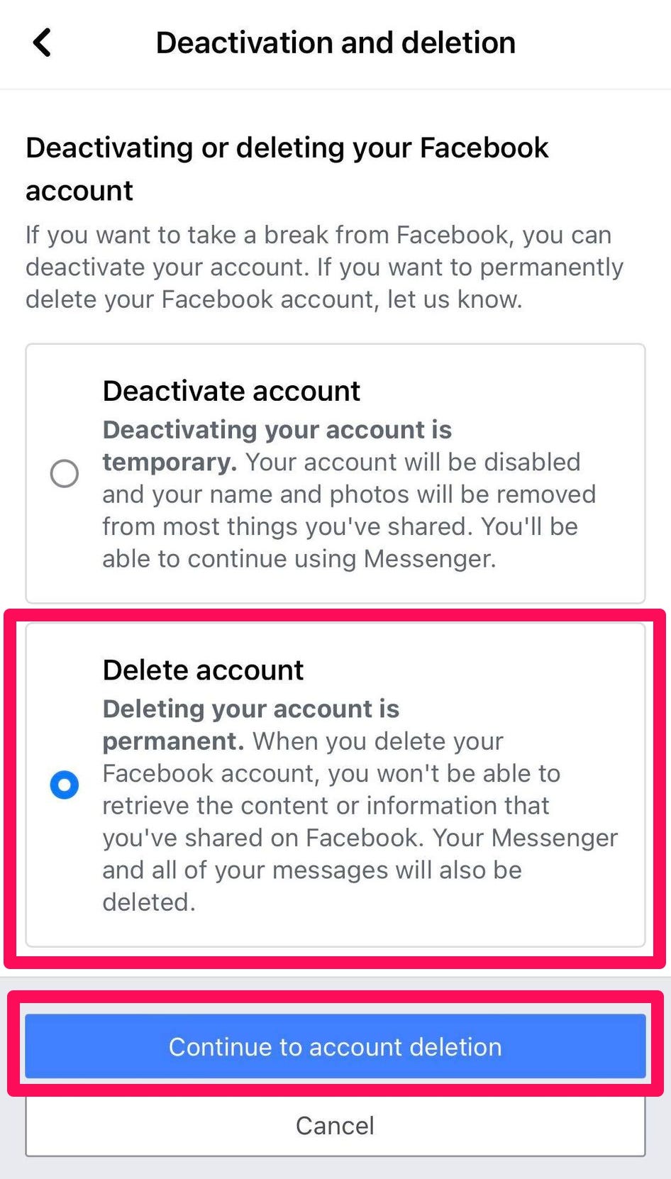 The “Deactivation and Deletion” screen on the Facebook mobile app, with the “Delete account” radial button and “Continue to Account Deletion” button highlighted.