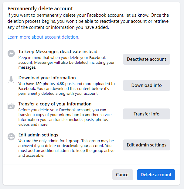 Facebook screenshot shows options before deleting your account