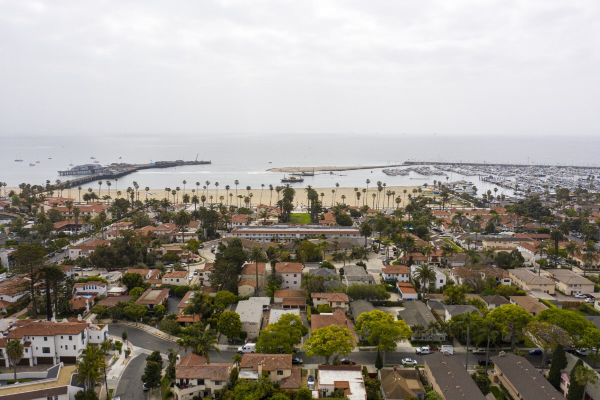 Aerial image of Downtown Santa Barbara- taken during the morning in Santa Barbara County.