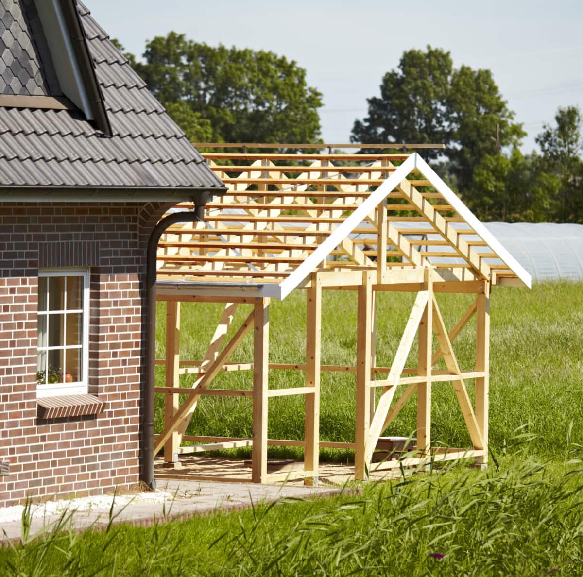 frame of exterior garage getting built