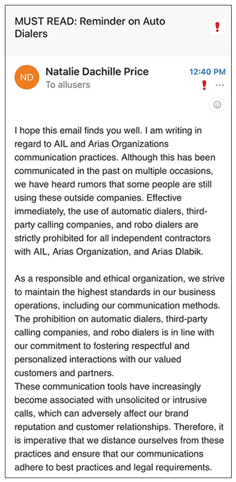 Memo to Arias agents from Natalie Dachille Price labeled "MUST READ: Reminder on Auto Dialers"