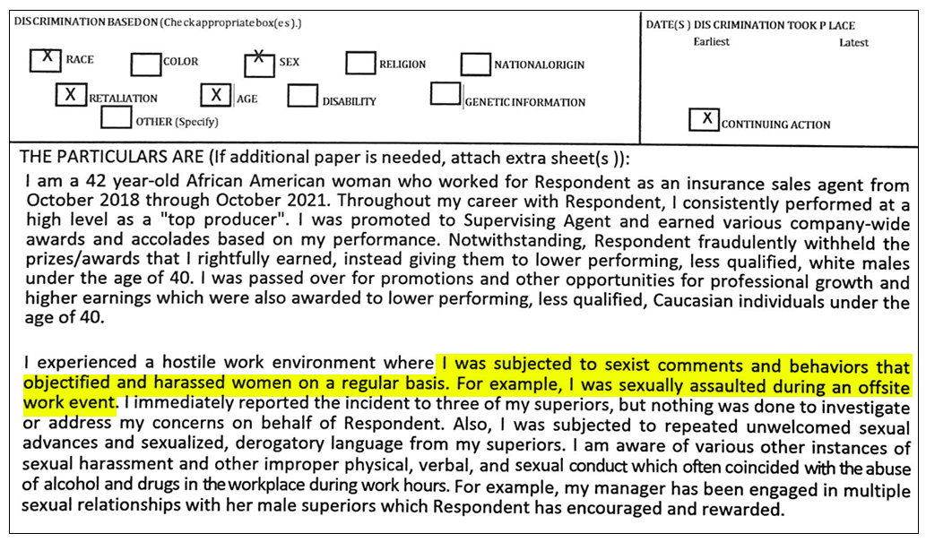 The description field of an EEOC complaint form that reads in part "I experienced a hostile work environment where I was subjected to sexist comments and behaviors that objectified and harassed women on a regular basis. For example, I was sexually assaulted during an offsite work event."