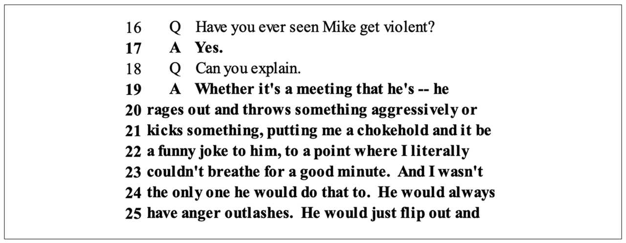 An excerpt of a deposition of Renee Zinsky that reads in part, "Q Have you ever seen Mike get violent? A Yes."