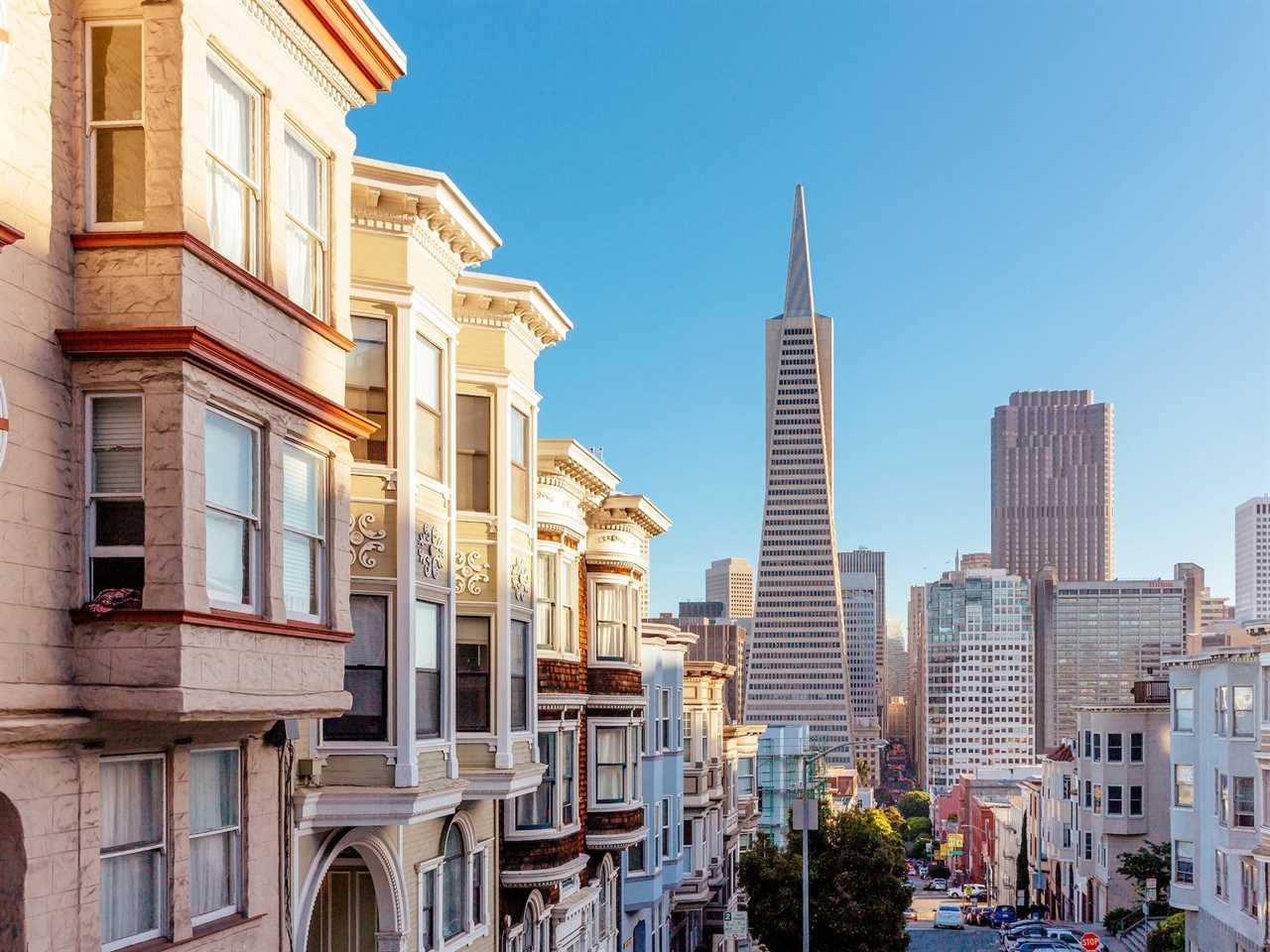 Residential houses and skyscrapers in San Francisco, California