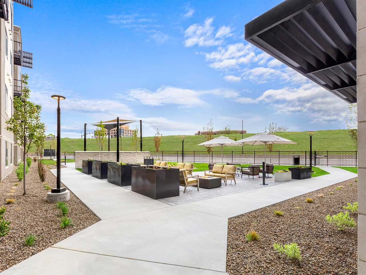 The outdoor lounge area of the WaterWalk hotel in Meridian, Idaho