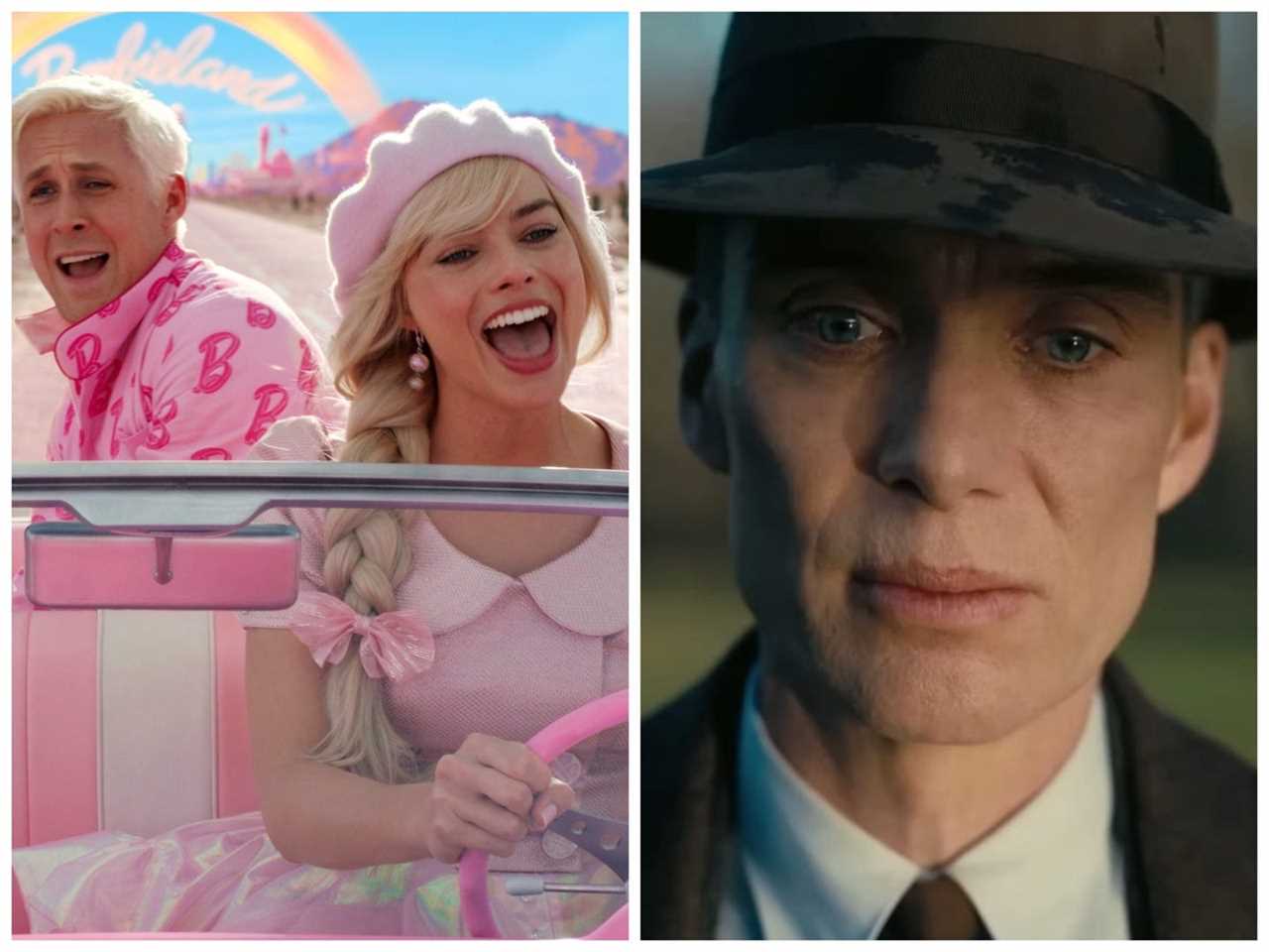 A split image of Ryan Gosling and Margot Robbie in the "Barbie" movie and Cillian Murphy in the "Oppenheimer" movie.