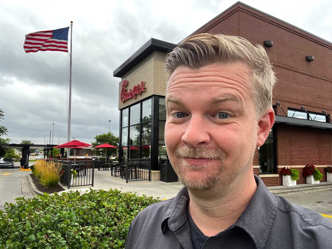 Dominick Reuter in front of a Chick-fil-A