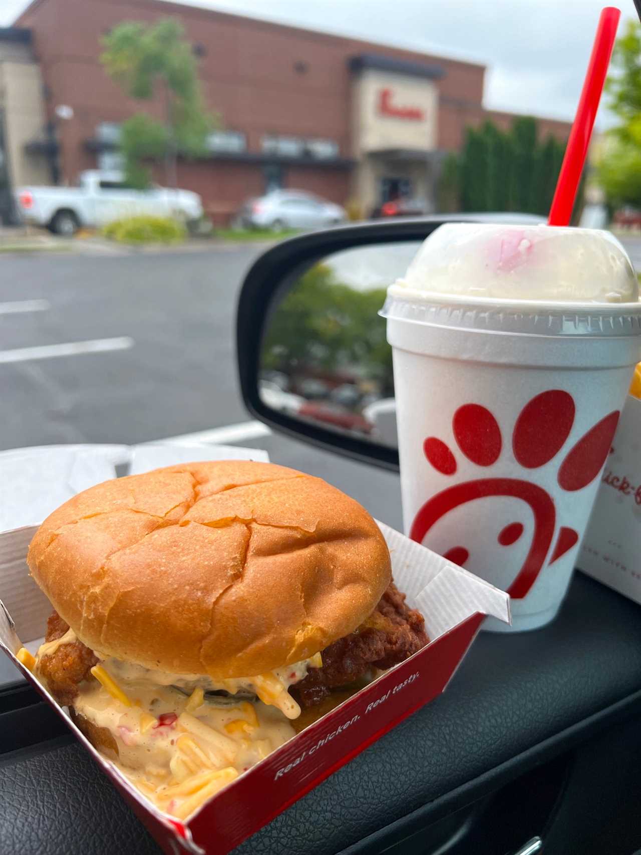 Chick-fil-A’s new honey pepper pimento chicken sandwich and caramel crumble shake