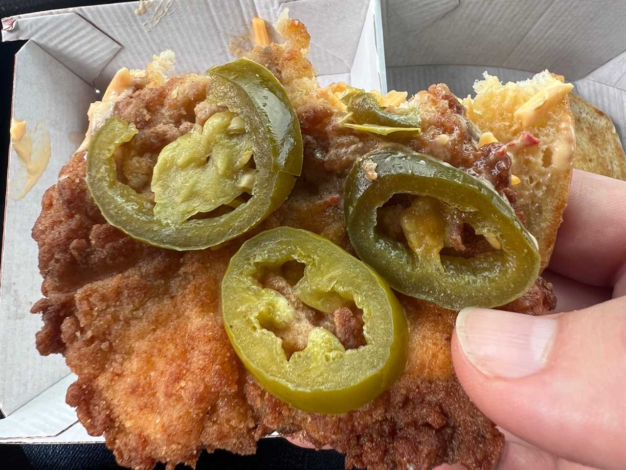 Pickled jalapeno peppers on Chick-fil-A’s new honey pepper pimento chicken sandwich