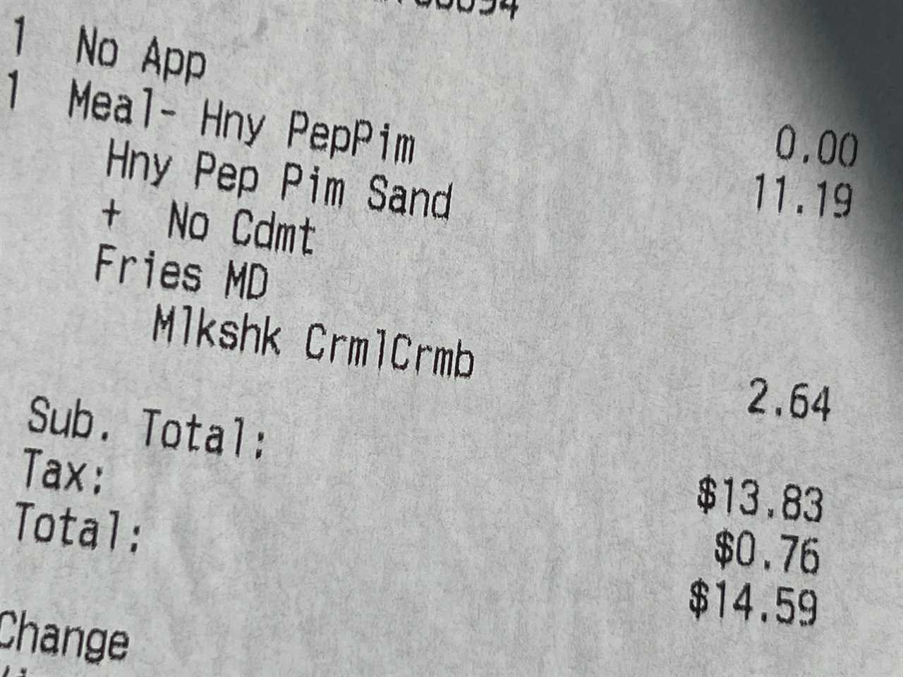 A receipt for Chick-fil-A’s new honey pepper pimento chicken sandwich meal