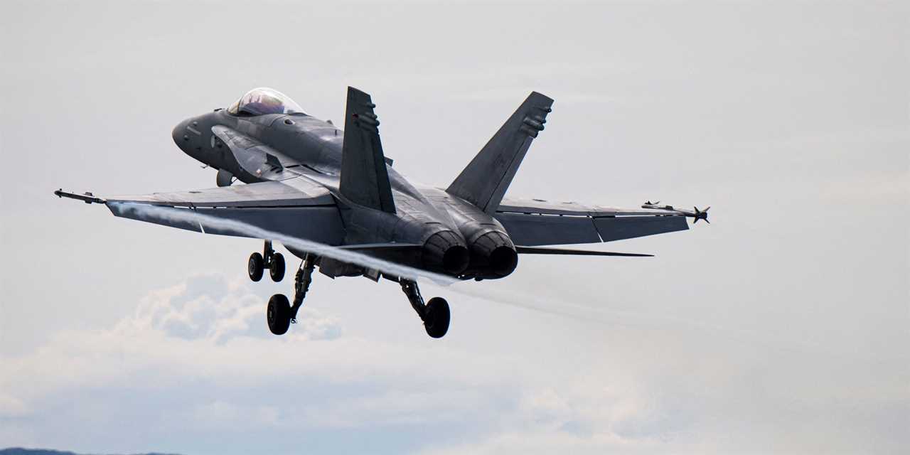 A Finnish Air Force's F-18 takes off from Orland Air Base during the The Arctic Fighter Meet exercises occurring from August 21 to 25 in Brekstad, located west of Trondheim, Norway, on August 23, 2023.