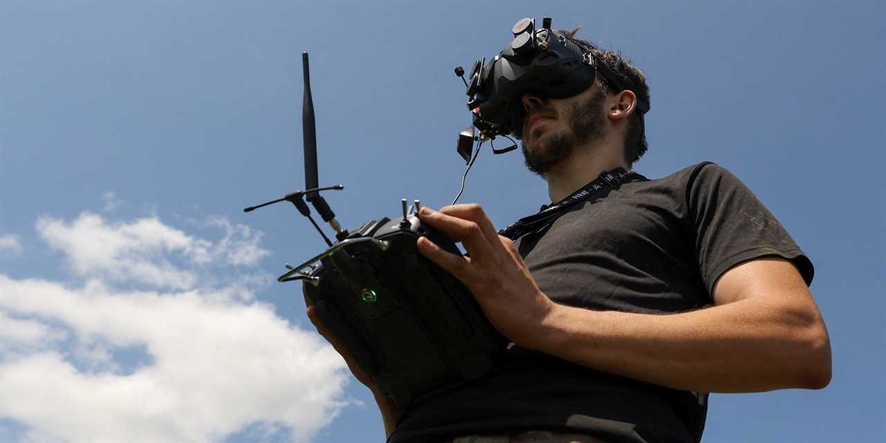 A Ukrainian serviceman of the 35th Separate Marines Brigade operates a FPV drone at a training ground in Donetsk region, Ukraine