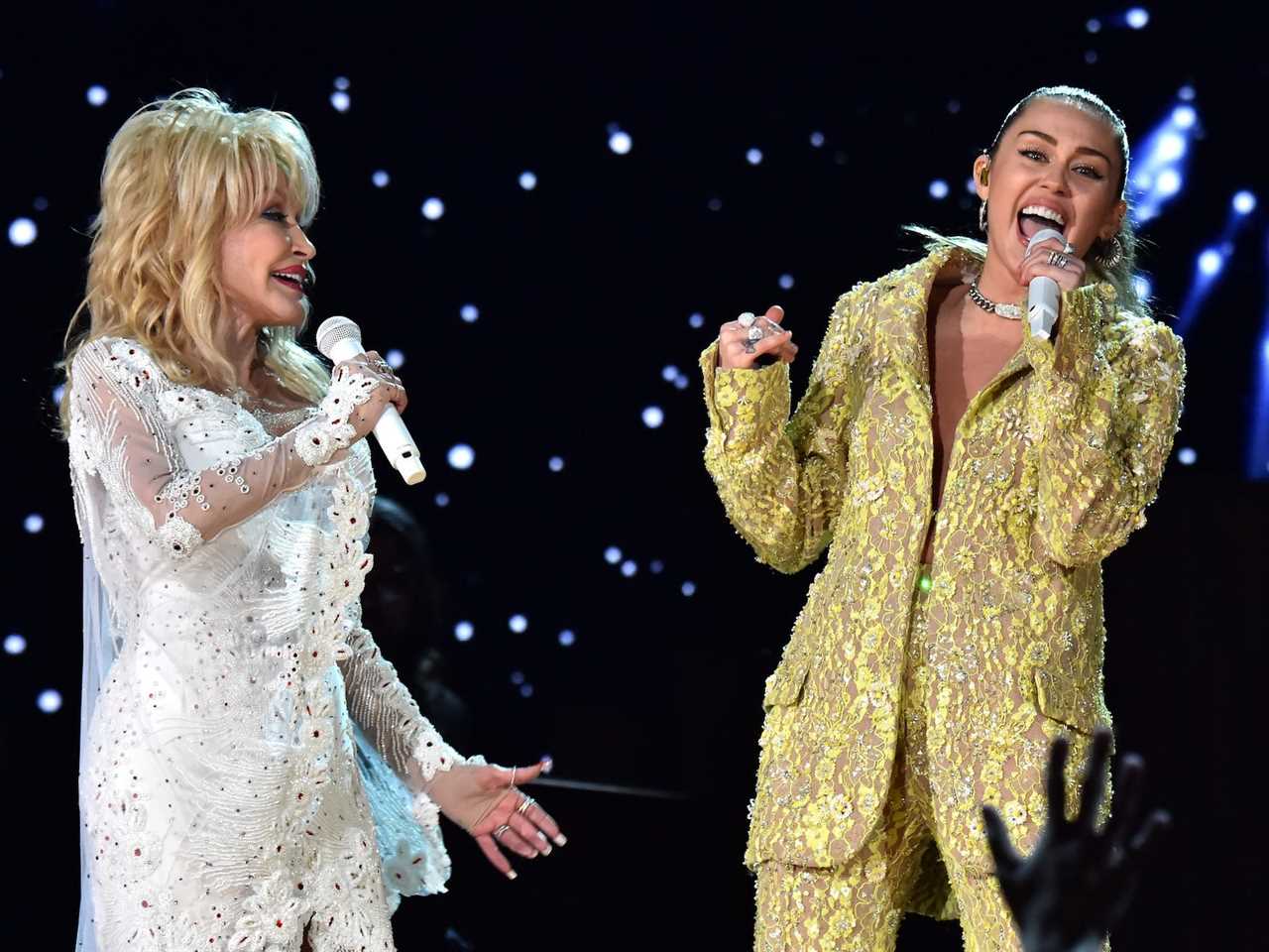 Dolly Parton and Miley Cyrus perform onstage during the 61st Annual GRAMMY Awards at Staples Center on February 10, 2019 in Los Angeles, California.