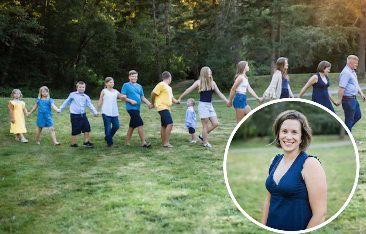 Jane Brosseau, a mother of 10 with her family in a garden. 