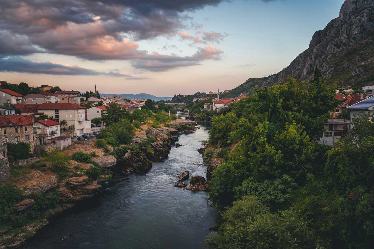 Homes and a river in Mostar, Bosnia and Herzegovina