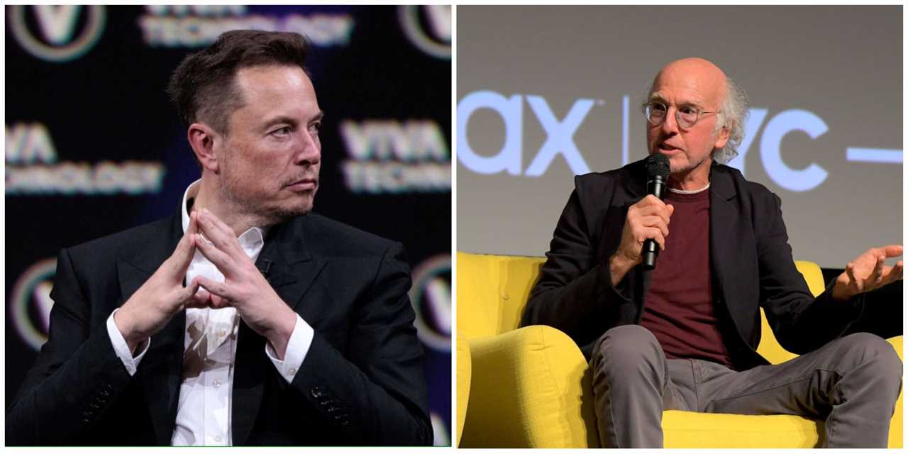 Larry David (right) dissed Elon Musk (left) at a wedding, according to Walter Isaacson.