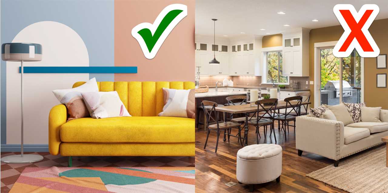 Colorful room with yellow couch and a green checkmark; Living room with pot lights and a red X