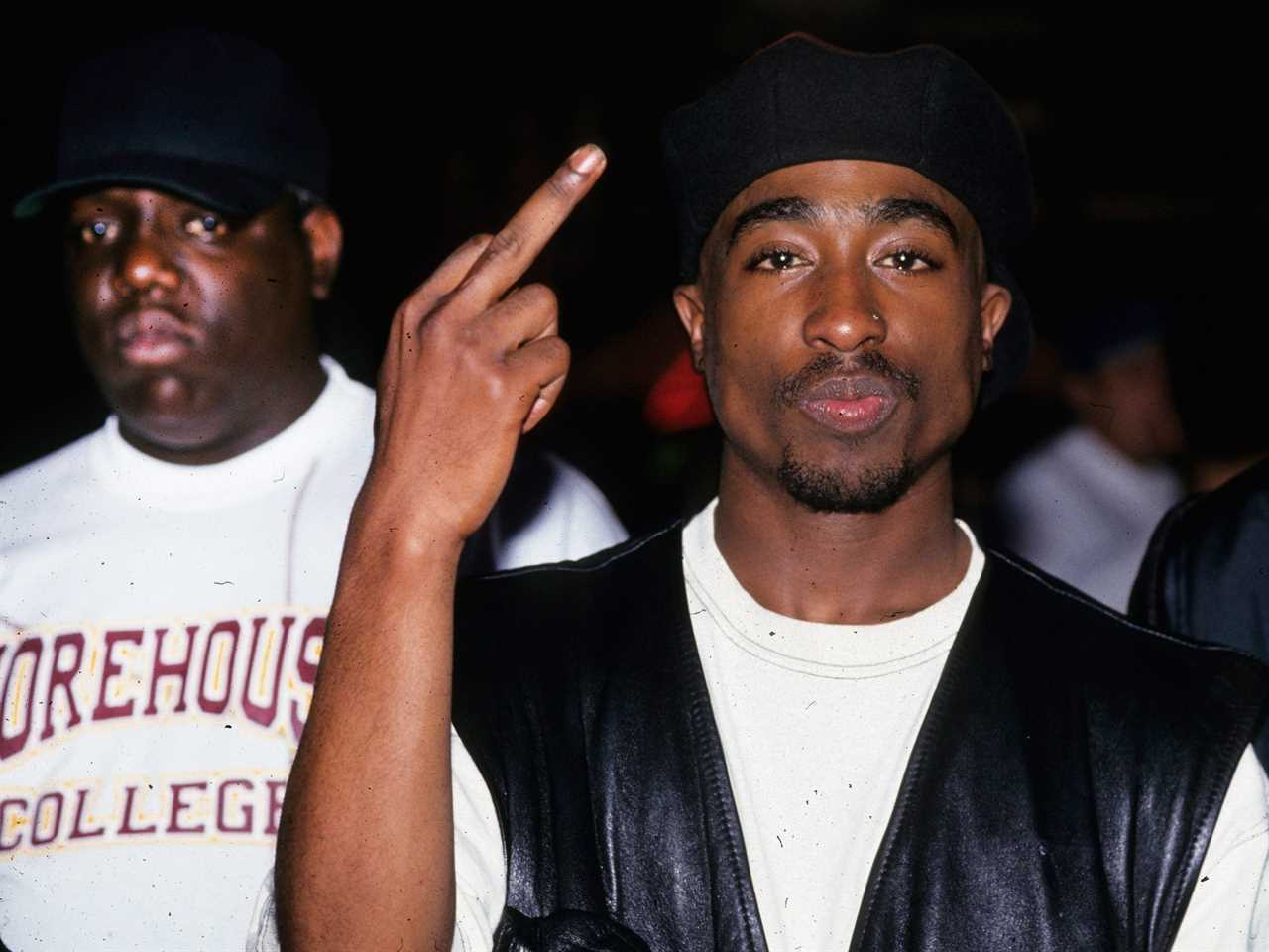 Rappers B.I.G. and Tupac Shakur pose for a portrait at Club Amazon on July 23, 1993 in New York