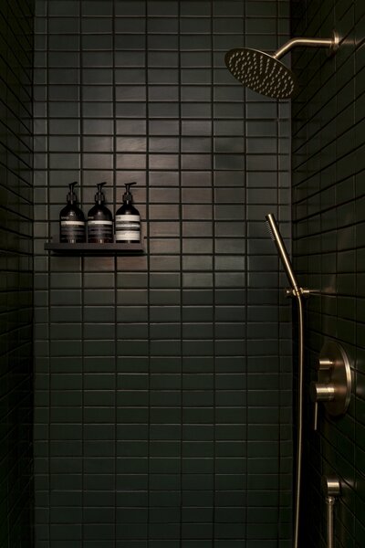 Black tile covers the downstairs shower.