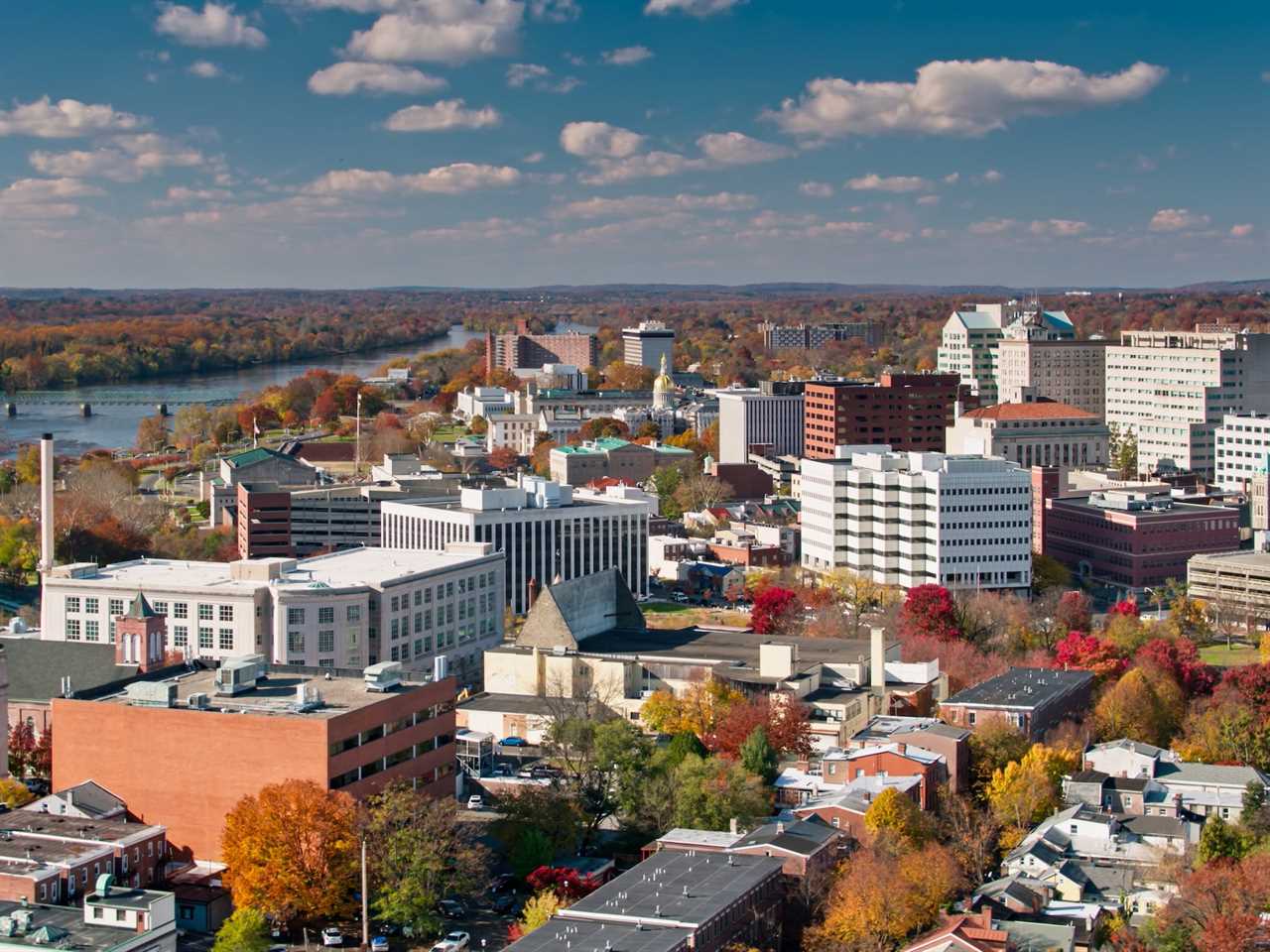 A drone shot of downtown Trenton, New Jersey with the capitol in the distance